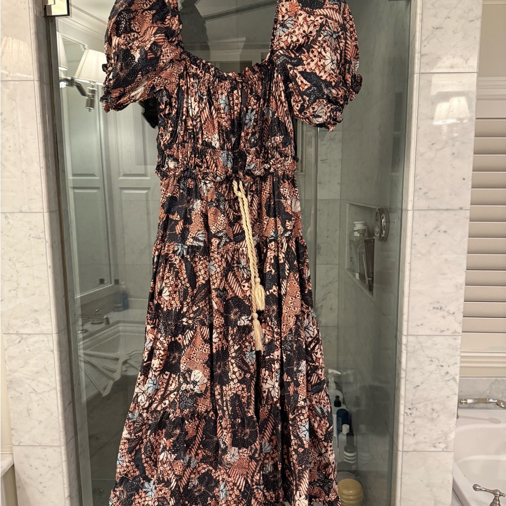 Ulla Johnson Printed Puff Sleeve Midi Dress w/ Tassel Tie | Size 10